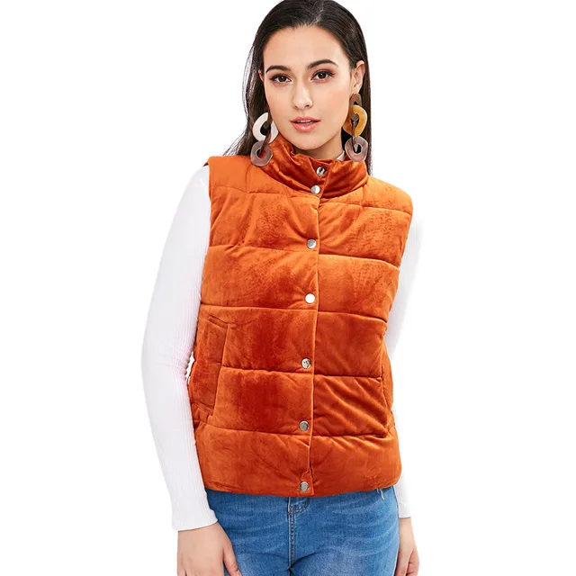 VESTLINDA Velvet Vest Women Puffer Waistcoat Snap Button Stand Collar