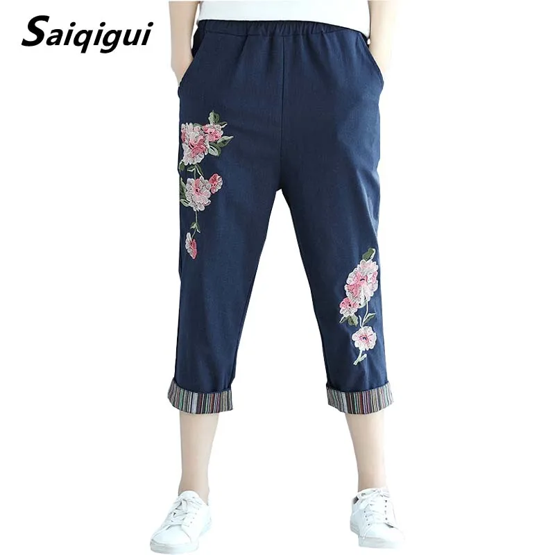 

Saiqigui 2019 fashion spring Women Calf-Length Pants Elastic waist Casual loose Cotton Linen pants Vintage harem pants