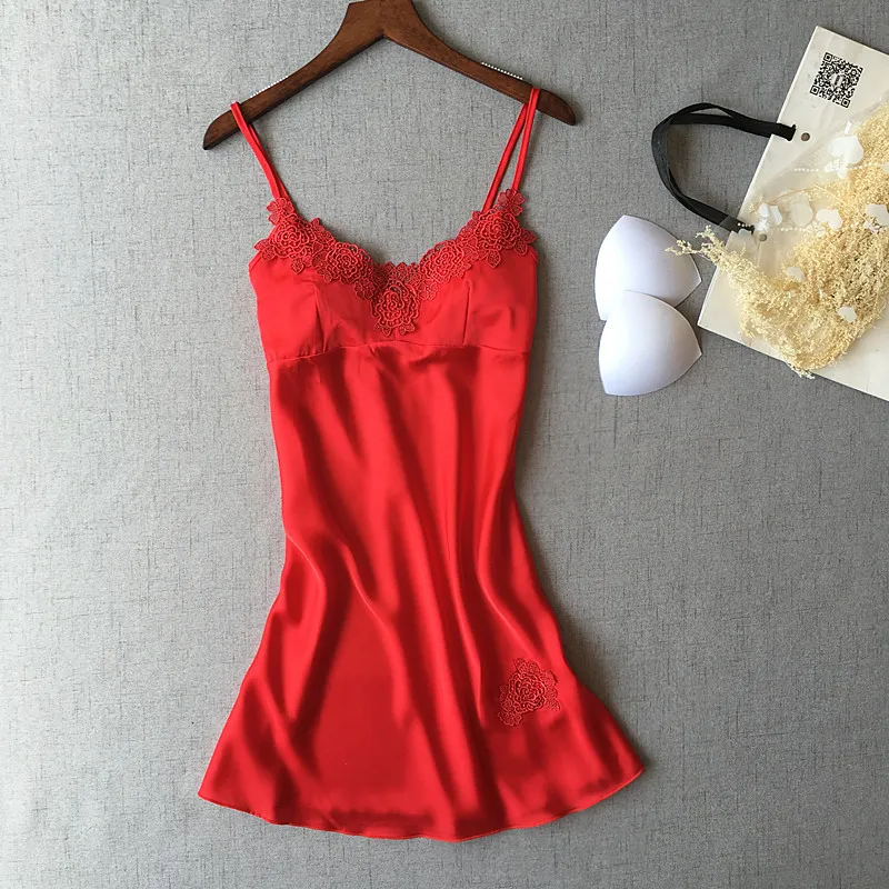 

High Quality Women Slip Dress with Pad removable soft Lace Nightgown Nightdress Silk Like Sexy Sleepwear Femme Nightwear