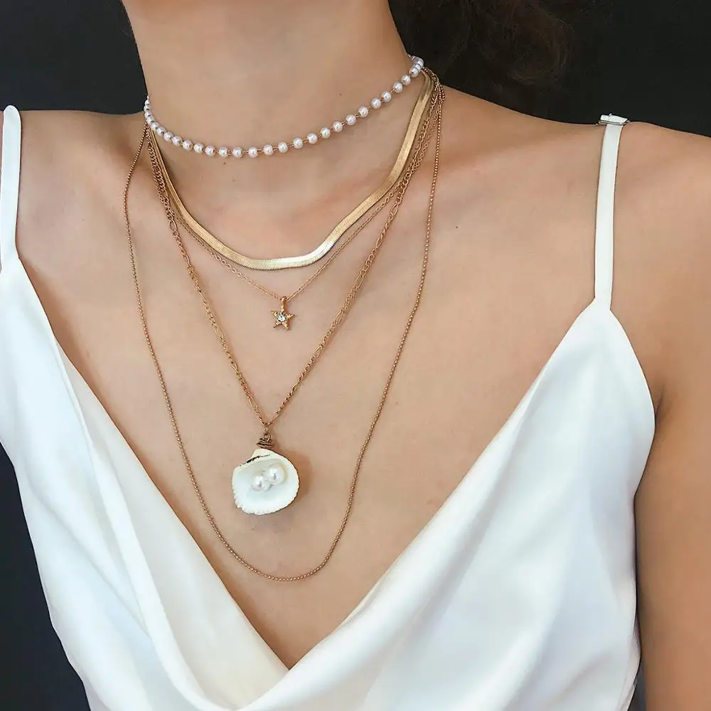 

KMVEXO Multilayers Handmade Shell Stars Pendant Necklace Clavicle Pearls Chains Fashion Necklace Jewelry for Women Bijoux Gifts