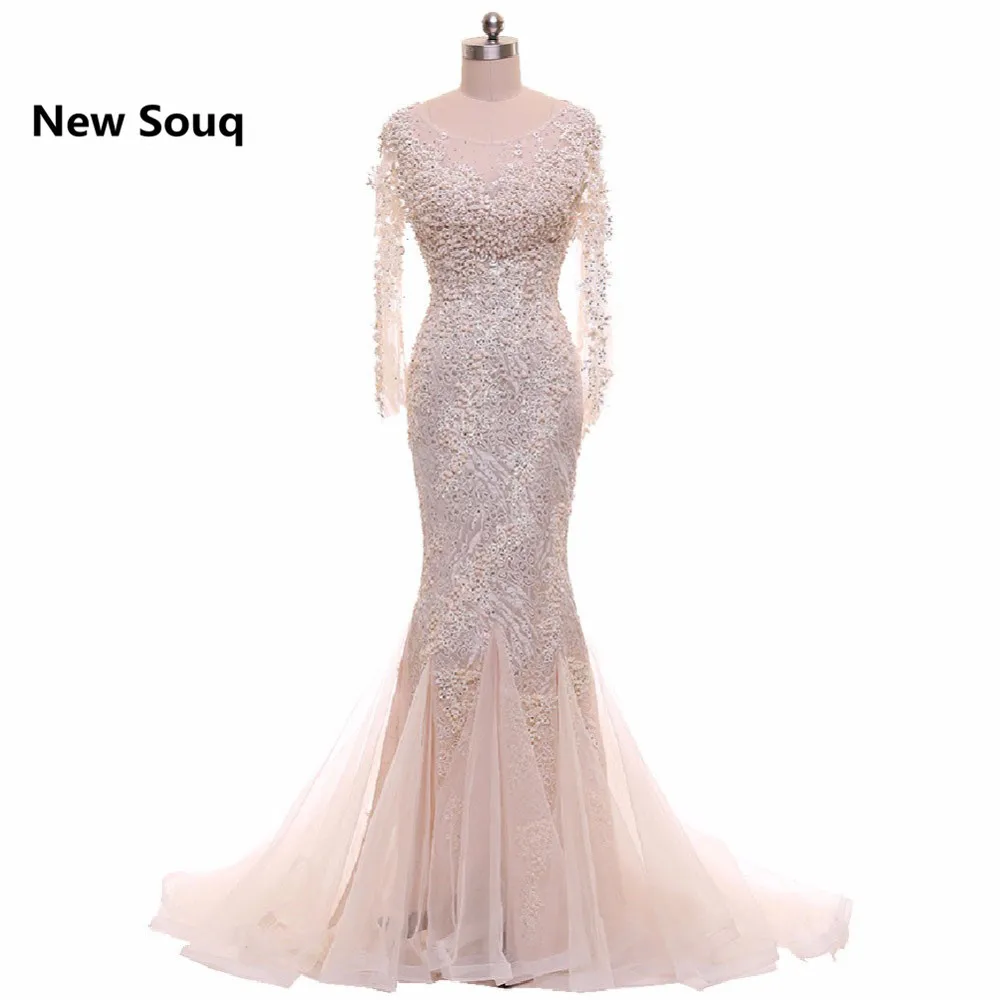 

Light Pink Tulle Mermaid Evening Dresses Luxury Lace Pearl Beaded Long Sleeves Prom Dress Vestidos Longue Robe De Soiree
