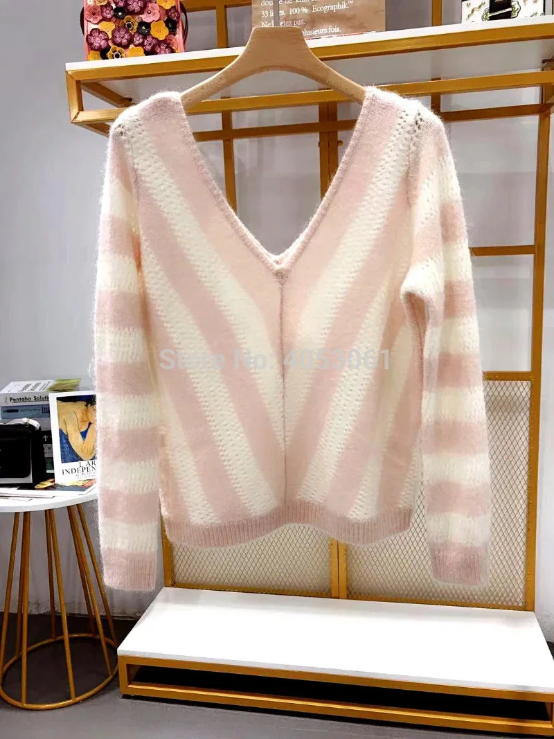 

Mohair & Wool Blend V Neck V Back Contrast Stripe Knit Sweater Top - 2019ss Ladies Knitted Pullover Top