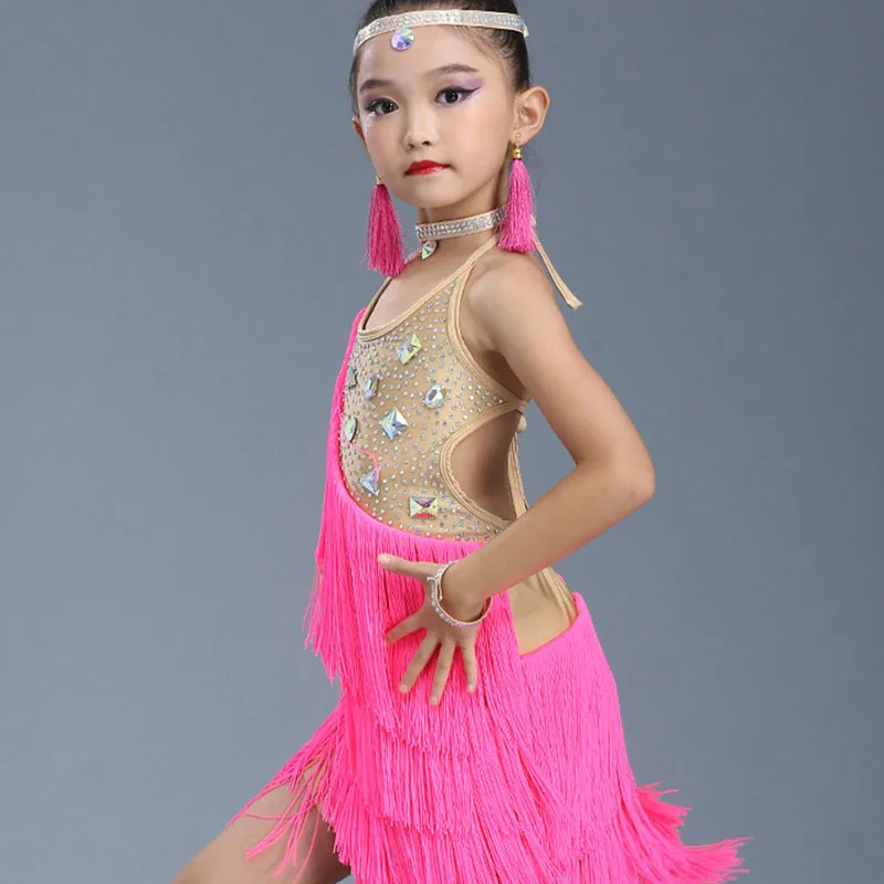 Дети красный синий Стразы бахрома для сальсы латинский бальный танец платье блесток для девочек Одежда для танцев танцевальный костюм
