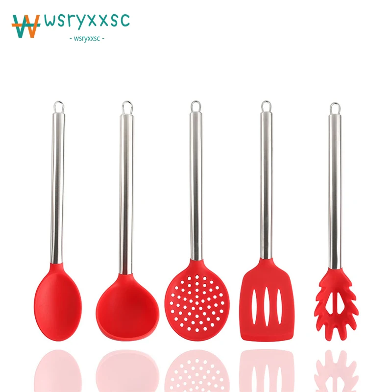 Kitchen Cooking Tools 5 Styles Silicone Cookware Set Colander Spaghetti Spoon Stainless Steel Handle Heat Resistant D0020