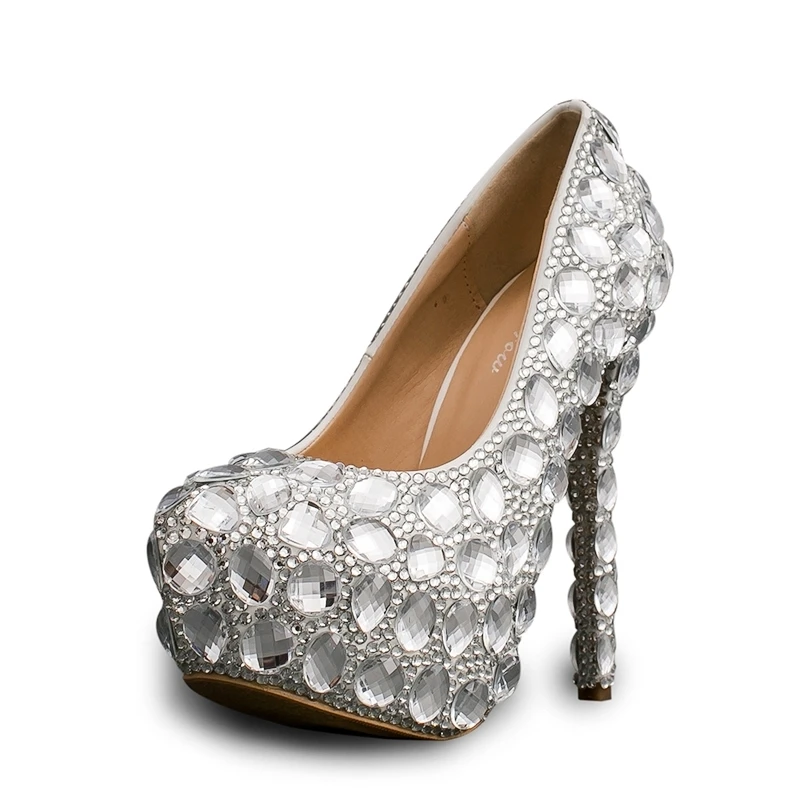 Серебряный Кристалл Свадебная обувь ручной работы со стразами на высоком Высокая платформа свадебные туфли Выпускной нарядные туфли плюс