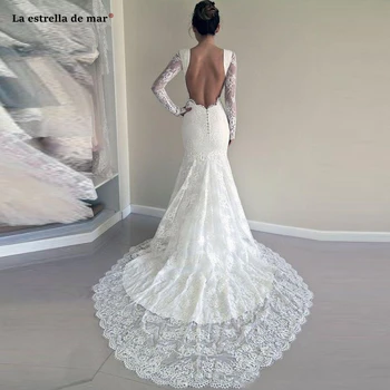 

vestido de noiva sereia new lace long-sleeved ivory sexy beach wedding dress trailing traje de novia sexy huwelijks bedankjes
