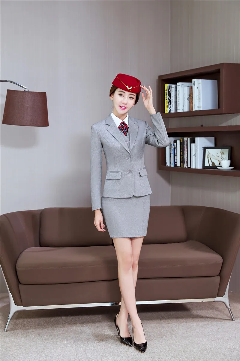 Формальный Серый Блейзер женские деловые костюмы с юбкой и курткой наборы Дамская рабочая одежда офисный униформенный стиль