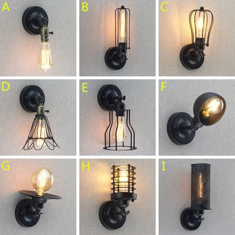 Железный черный абажур, настенный светильник, винтажная клетка, защита, бра, лофт, светильник, современное внутреннее освещение, настенные лампы