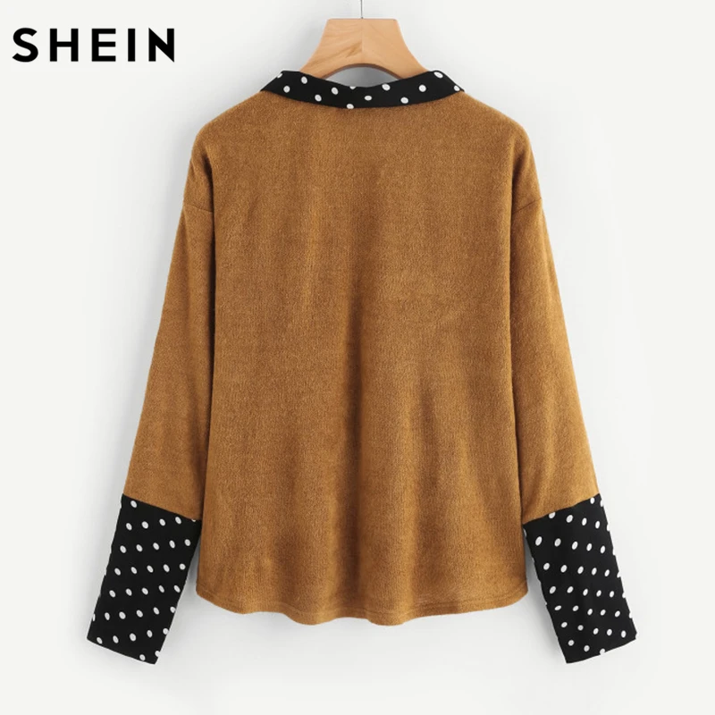 SHEIN Contrast Polka Dot Collar and Cuff Tee Brown Womens Long Sleeve Tops Autumn Lapel Color Block Casual T-shirt