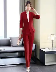 2019 Формальные Элегантные для женщин's Пиджаки для брючные костюмы дамы Красный Блейзер бизнес костюмы с брюки и куртк