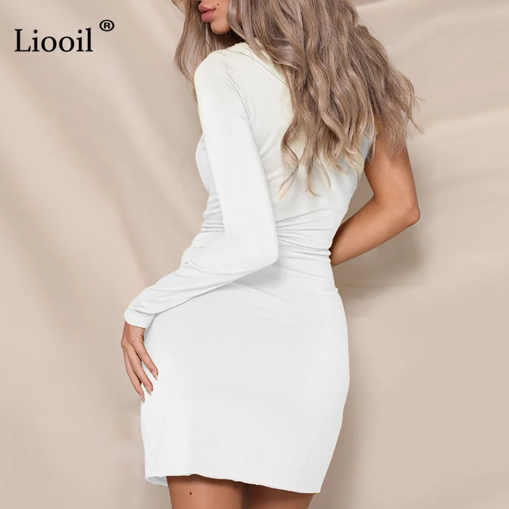 Liooil Sexy One Shoulder Dress 2018 Women Clothes Long Sleeve Red Black White Irregular Hem Bodycon Mini Birthday Party Dresses