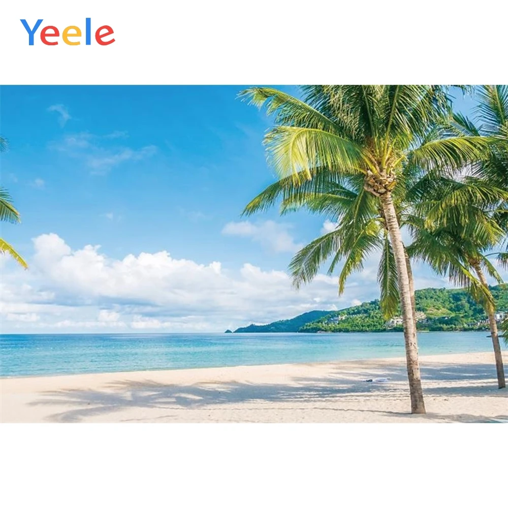 Yeele Photography Background 10x7ft Seaside Beach Green Plant Tropical Docked Ship Palm Tree Sunset Forest Blue Sky White Cloud Wave Photo Backdrop Portrait Shooting Studio Props