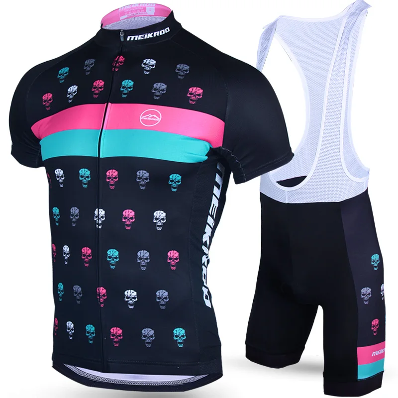 

Original Meikroo skull pattern bib short sleeve cycling jersey sets Performance Men Summer bib maillot sets