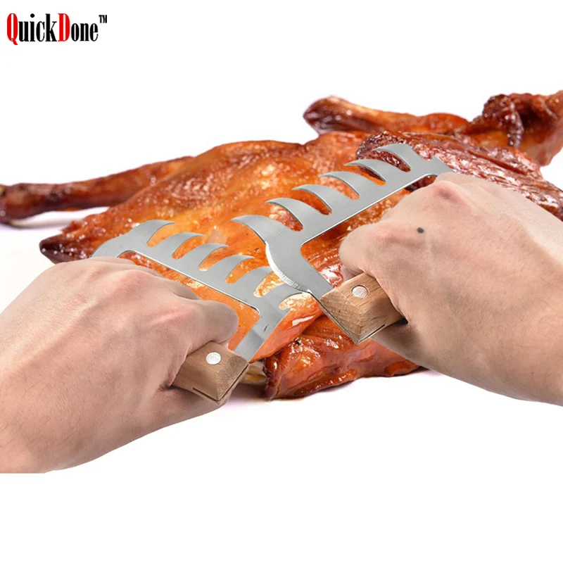 

QuickDone 1Pc Bear Paws Meat Shredder Claws Wooden Handle Stainless Steel Chicken Separator Food Forks BBQ Kitchen Tools AKC6228