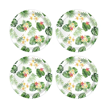 

7 inch Green Tropical Leaves Flowers Disposable Plates Summer Hawaii Party Decorations Tableware Sets Beach Party Favor Supplies