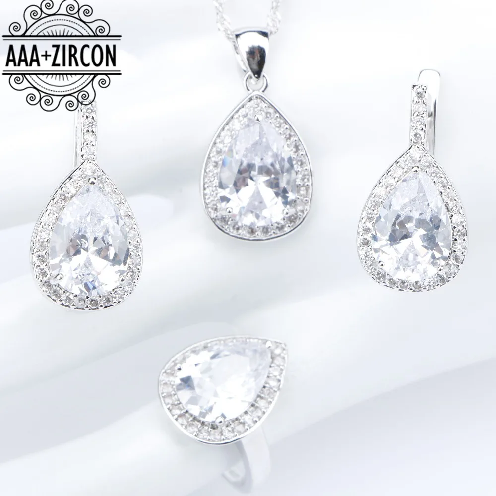 

White Zircon Silver 925 Bridal Jewelry Sets For Women Necklace Pendant Clip Earrings Rings With Stones Set of Jewelery Gift Box