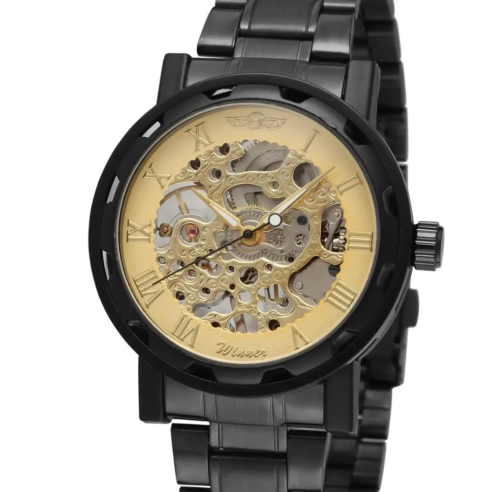 

WINNER WATCH Gold Roman numerals dial, sleek minimalist luxury low-key men's steel belt mechanical watch