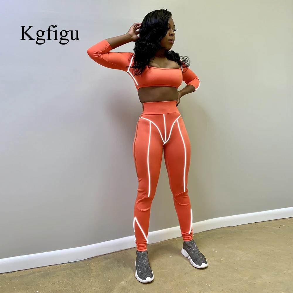 

KGFIGU reflective tracksuits 2019 Fashion trend tops and pants suits good stretchy matching sets two piece set festival clothing