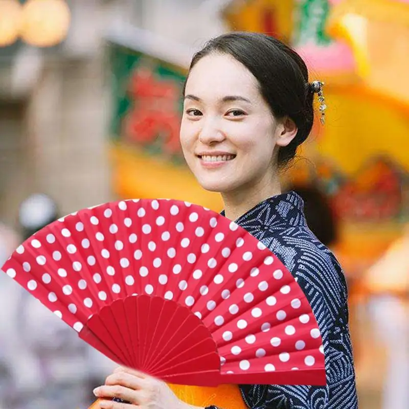 9 Colors Elegant Plastic Hand Fans Chinese Polka Dots Hand Folding Fan for Dance Party Pocket Gifts