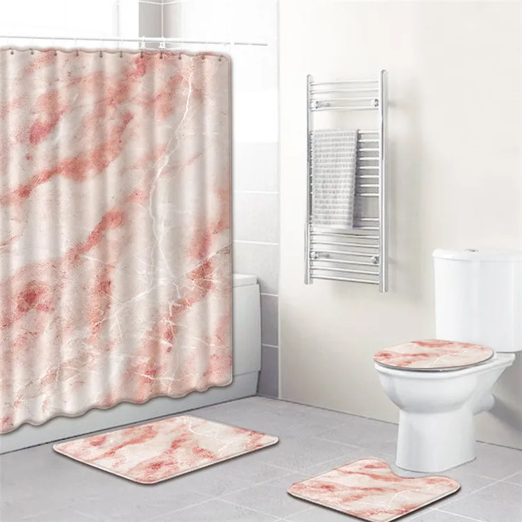 4Pcs Marble Ripple Shower Curtain Set Non-Slip Rug Toilet Lid Cover Bath Mat 