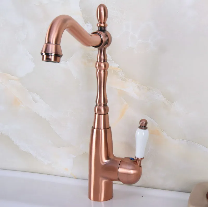 Antique Red Copper Brass Single Ceramic Handle Bathroom Kitchen Basin Sink Faucet Mixer Tap Swivel Spout Deck Mounted mnf634