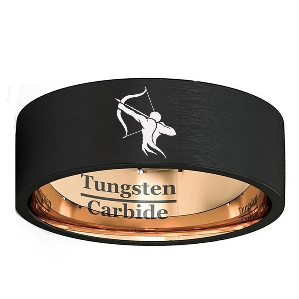 

Dropshipping to USA Canada Australia 8mm Black & Rose Gold Ring Men Women Tungsten Wedding Band with Sagittarius Zodiac Sign