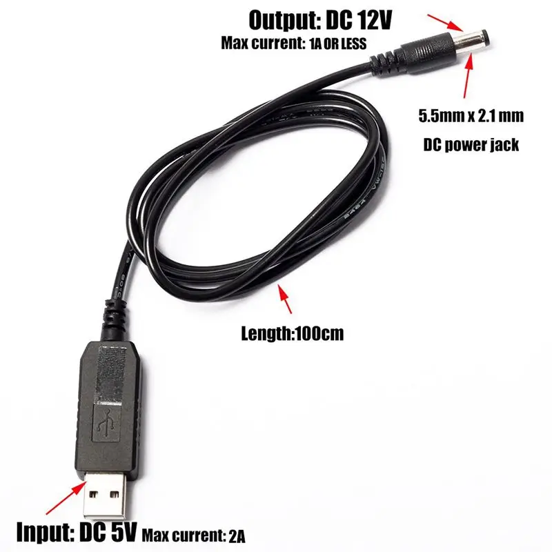 USB DC 5 в к DC 12 В 2,1 мм X 5,5 мм модуль конвертер DC баррель мужской разъем Jack кабель питания вилка, USB к DC кабель-1 м линия