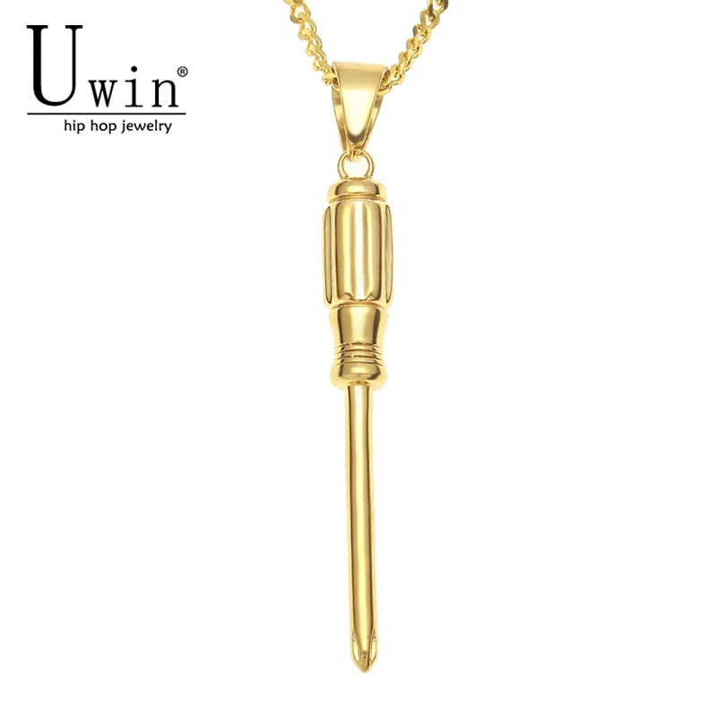 UWIN Stainless Steel Golden Screwdriver Pendant Tool Charms Necklace