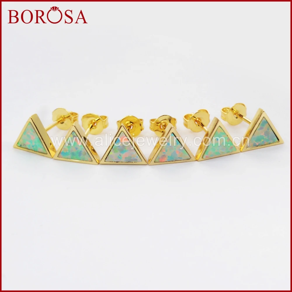 

BOROSA 5Pairs Wholesale 6mm Gold Color Bezel Triangle Shape White Opal Japanese Opal Stud Earrings for Women Gems Jewelry ZG0209