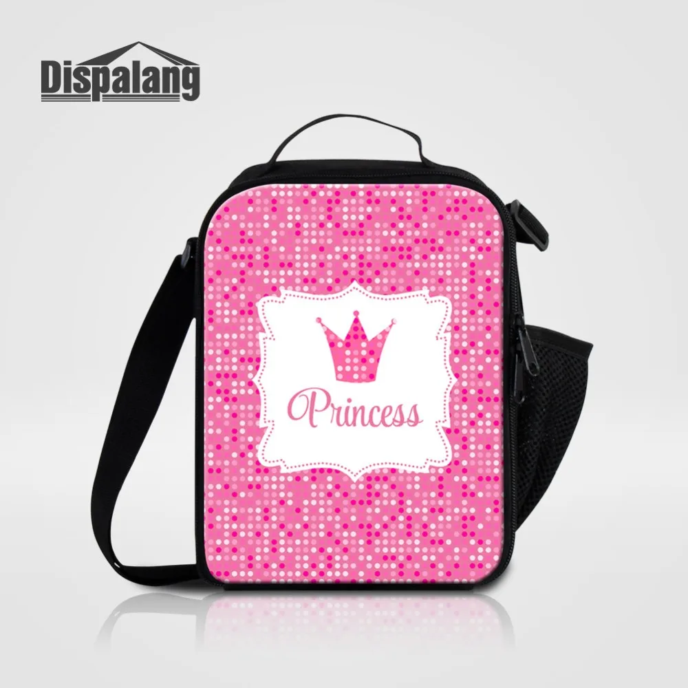 

Dispalang High Quality Thermal Lunch Box With Water Bottle Holder Princess Crown Prints Pink Shoulder Bag Kids Cooler Lunch Bag