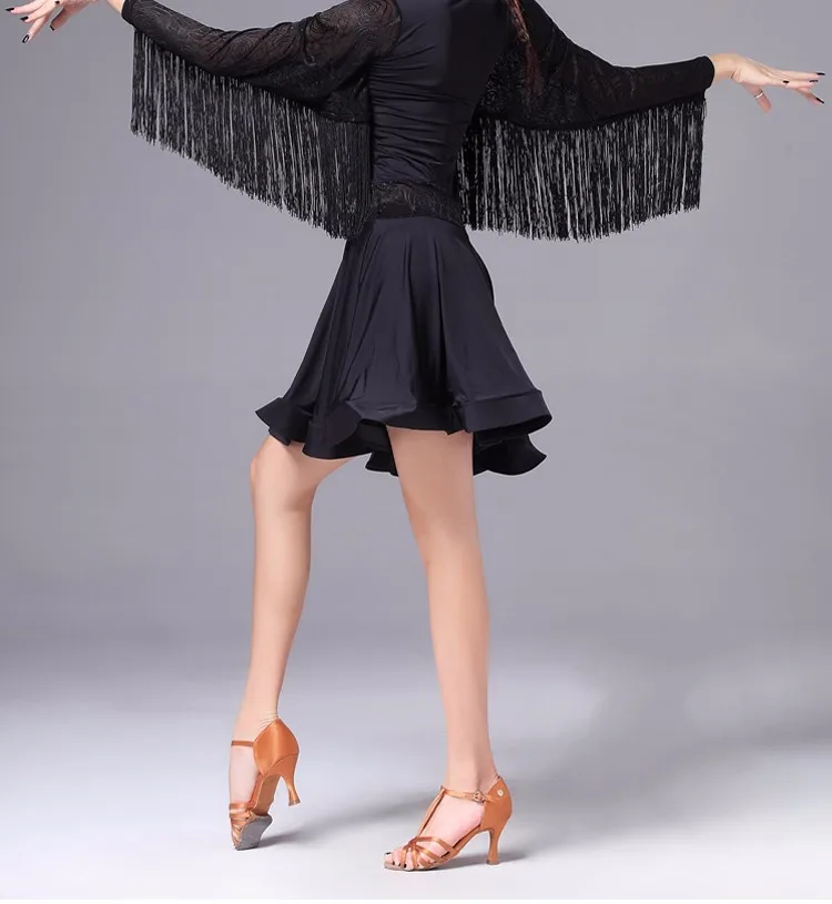 2018 Новый леди женщина Латинской платье для танцев Bat кисточкой рукавом Расклешенная юбка синий/фиолетовый/черный-Пасо Roupa Ginastica юбка для
