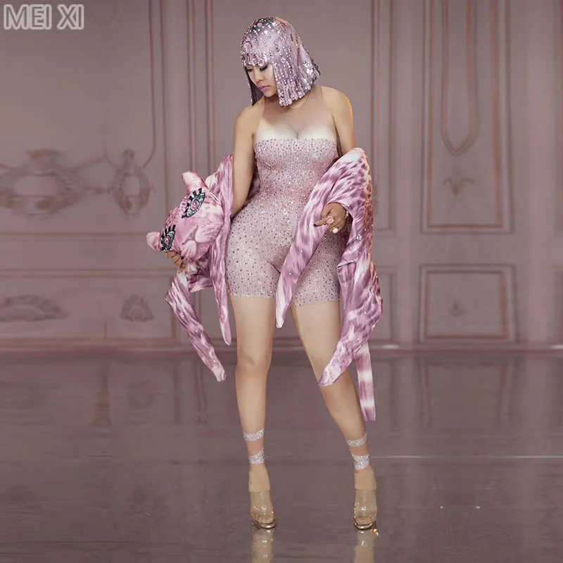 

Pink strapless print rhinestone stretch jumpsuit party nightclub bar concert DJ singer/dancer costume