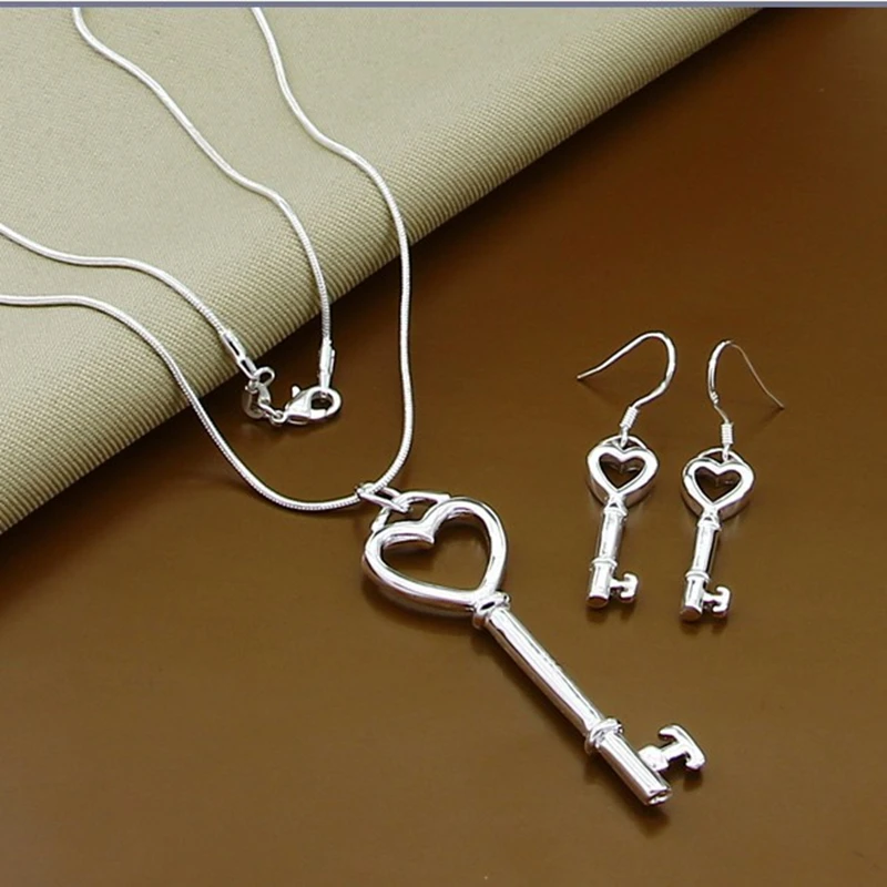 

Silver Color Heart-Shape Of Key Necklace Earrings Jewelry Sets For Women Wedding Jewelry
