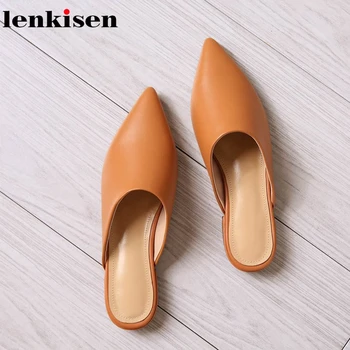 

Lenkisen 2018 hot sale cow leather slip on outside slipper simple style solid pointed toe shallow fashion women casual shoes L27