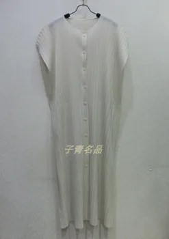 

FREE SHIPPING Miyake fold o-neck solid sleeveless single breasted length windbreaker IN STOCK