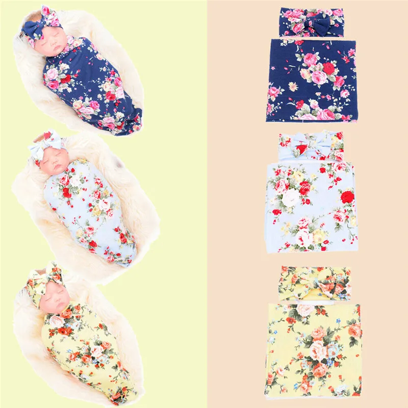 

PUDCOCO Newborn Infant Baby Soft Floral Swaddle Towel Wrap Swaddling Sleeping Bag Blanket Headband Set 80*80cm/20*8cm