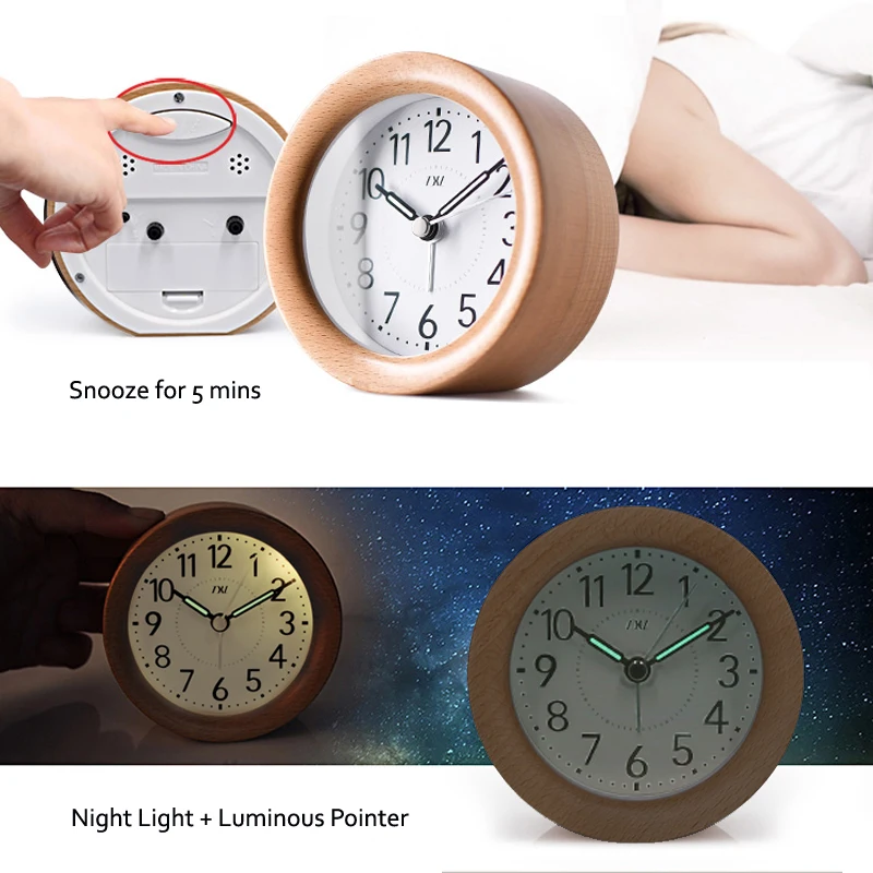 

Wooden Desktop Snooze Alarm Clock Backlight Silent Non Ticking Bedside Kids Room Student Table Clock