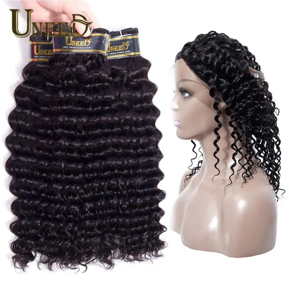 

Uneed Hair Brazilian Deep Wave 360 Lace Frontal With Bundle Remy Brazilian Human Hair Weave 3 Bundles With 360 Frontal Closure