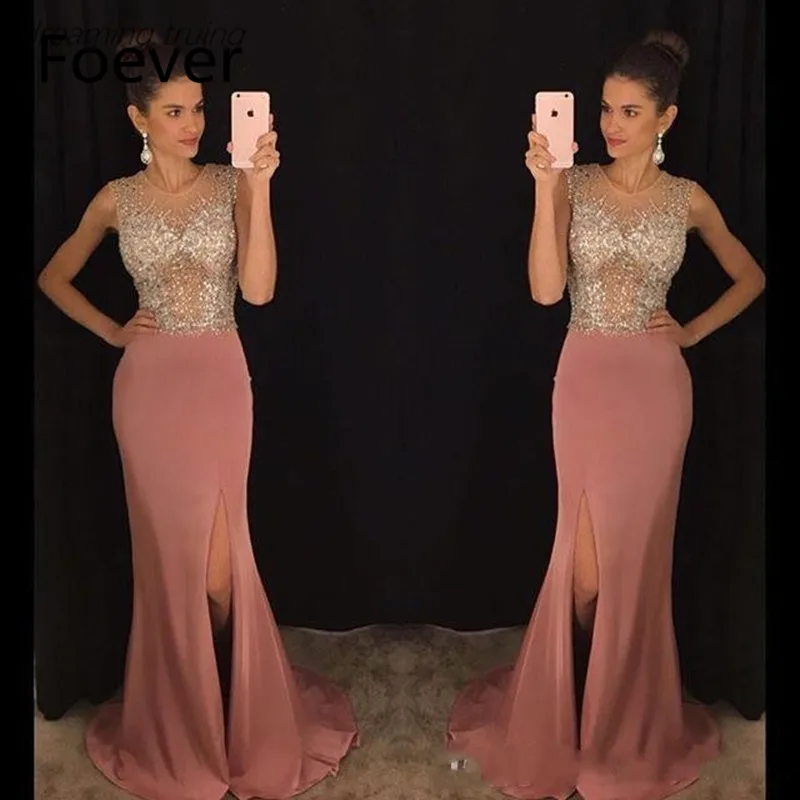 

BONJEAN Off the Shoulder Mermaid Evening Dresses 2019 New O Neck Beading Crystal Formal Prom Dress Pink Chiffon Vestido de Festa