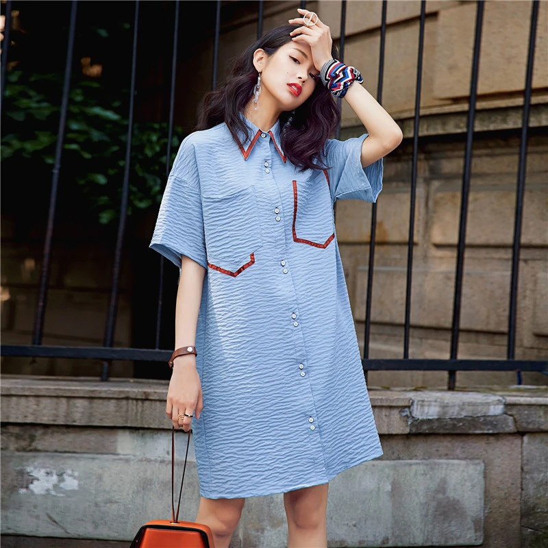 トレンドセッター17夏カジュアルブルーブラウス女性ファッション緩いシャツ半袖揉み素材クール薄い Blue Blouse Women Blouse Fashionfashion Blouses Aliexpress