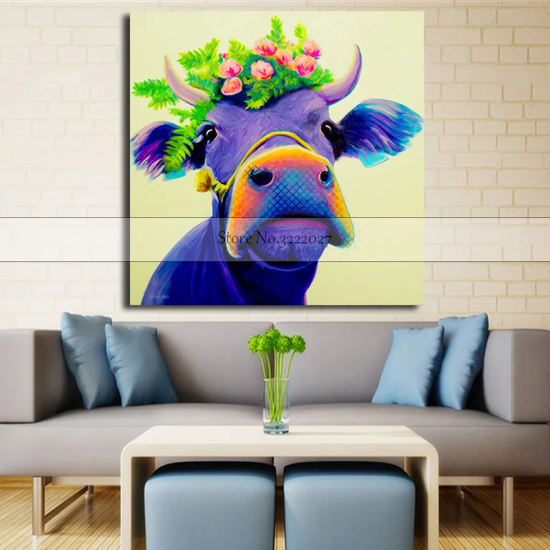 Free-Shipping-Skills-Artist-printed-High-Quality-Abstract-Animal-blue-Cow-Oil-Painting-Art-Painting-For (5)