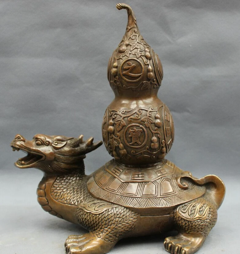

S3040 10" Chinese Copper Bronze Folk Home Longevity Gourd On Dragon Turtle Statue D0318