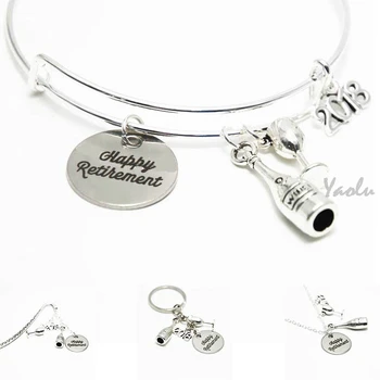

12pcs/lot Happy Retirement Bangle beer 2018 charm necklace keyring bookmark Jewelry Congratulations