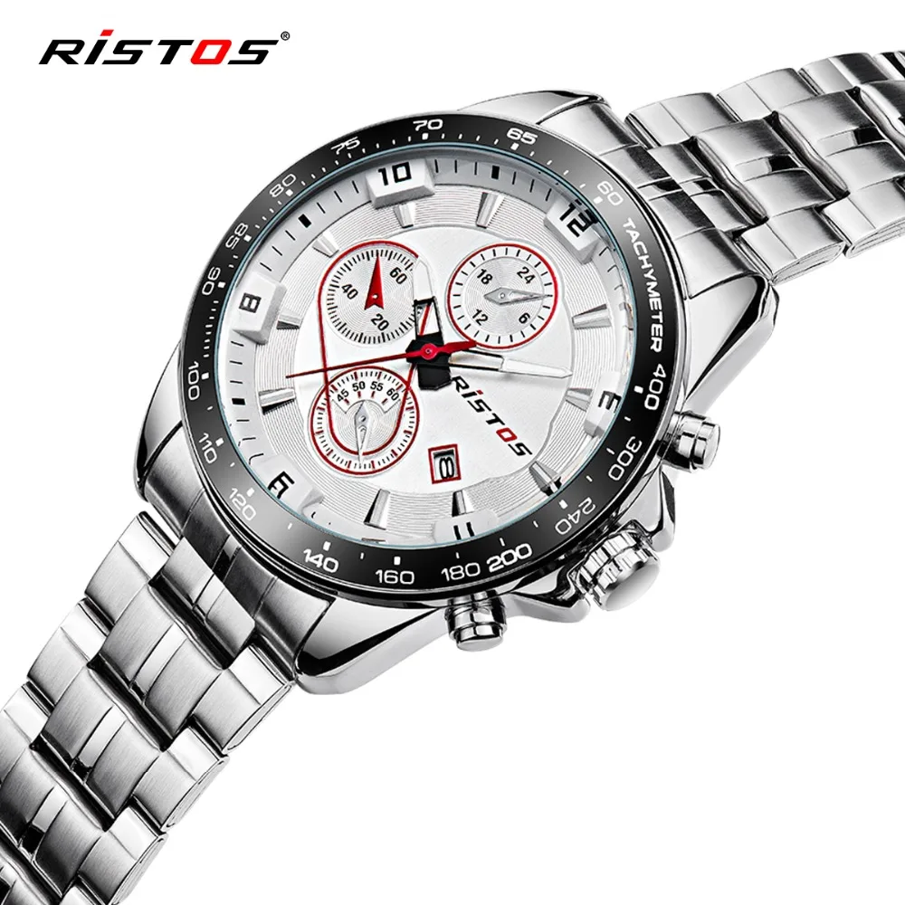 RISTOS Silver Steel Quartz Men Watch font b Top b font font b Brand b font