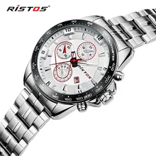 RISTOS Silver Steel Quartz Men Watch Top Brand Luxury Fashion Sport Male Watches Waterproof Calendar Military Wristwatch Relojes