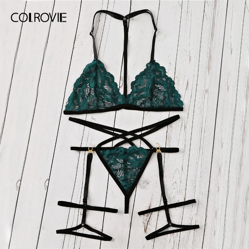 COLROVIE Green Harness Garter Lace Sexy Intimates Women Lingerie Set Transparent Underwear Hot Bra Set Ladies Bra and Panties
