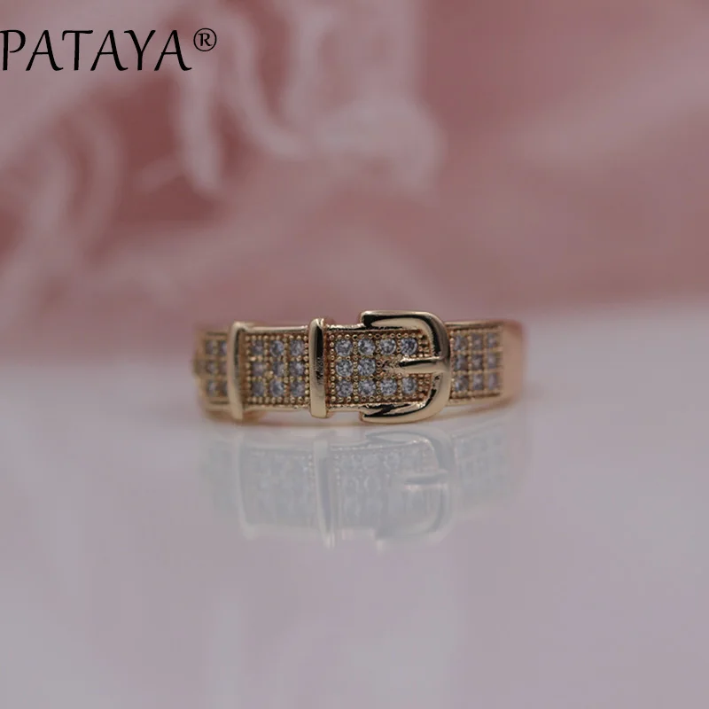 

PATAYA New Arrivals 585 Rose Gold Unique Leather Belt Buckle Women Trendy Wedding Jewelry White Round Natural Zirconia Rings