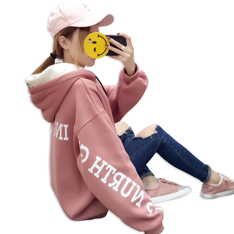 

2018 New Korean Hoodies Women Casual Loose Womens Hooded Sweatshirts Plus Velvet Thicken Oversized Top Autumn Winter Russian Hot