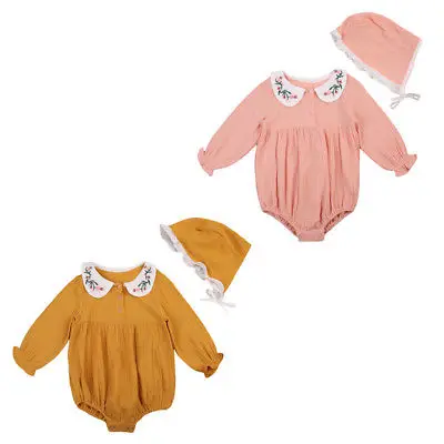 

Toddler Infant Baby Girls Clothes Doll Collar Romper +Hat 2Pcs Outfit Set 0-3T