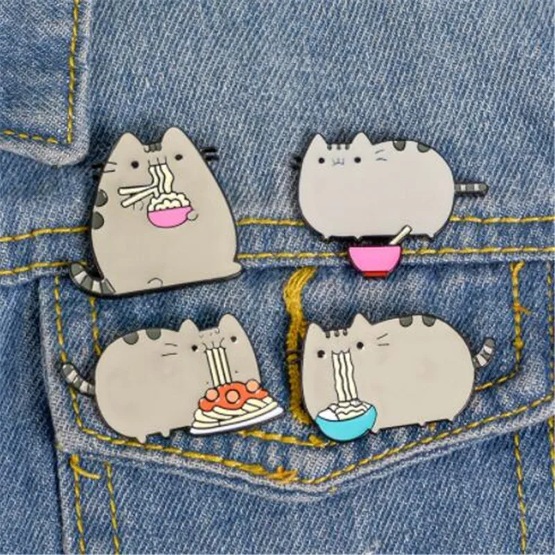 

WKOUD Cartoon Cute Hungry Noodles Cat Animal Kitty Enamel Pin Button Metal Badge Backpack Shirt Jackets Callor Lapel Pin Jewelry